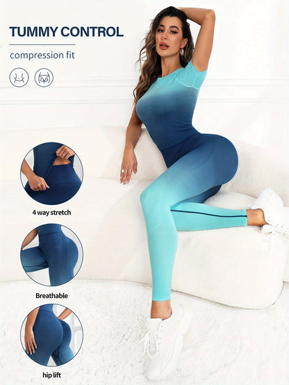 Women's High Waist Tummy Control Yoga 2-pieces Set - Stretchy Long Sleeve Top And Running Leggings, Gradient Tracksuits