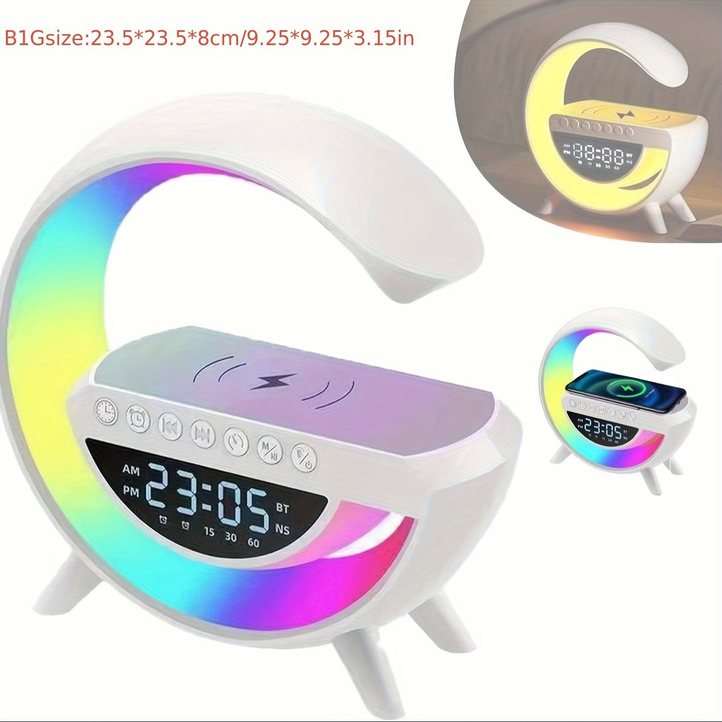 Smart Alarm Clock with Sunrise Simulation, Bluetooth Speaker, RGB Lights, & Fast Charging - Black & White