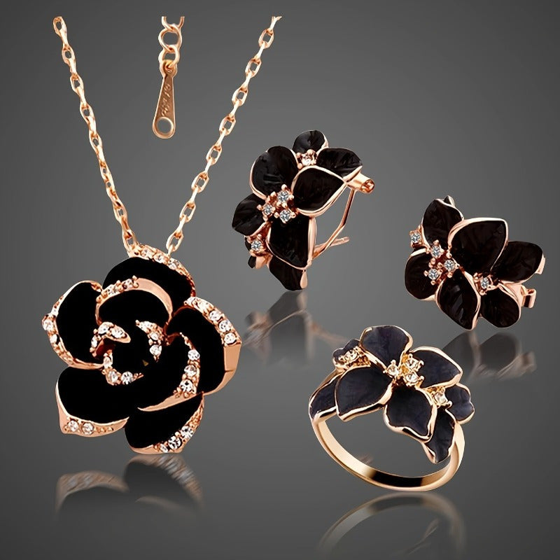 Piece Jewelry Set – Earrings, Necklace & Ring with Shiny Flower Design, Perfect for Daily Wear & Party Outfits