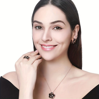 Piece Jewelry Set – Earrings, Necklace & Ring with Shiny Flower Design, Perfect for Daily Wear & Party Outfits