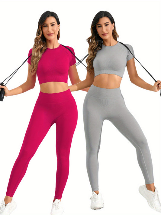 2 Sets Seamless Nylon Yoga Fitness Sets – Short-Sleeve Top & Slim Running Leggings, Stretchy & Comfortable