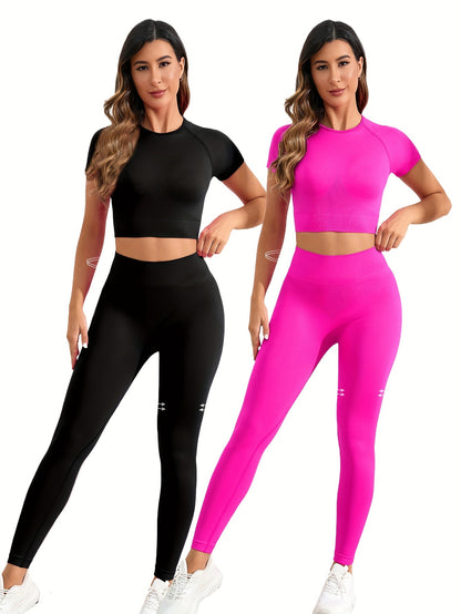 2 Sets Seamless Nylon Yoga Fitness Sets – Short-Sleeve Top & Slim Running Leggings, Stretchy & Comfortable