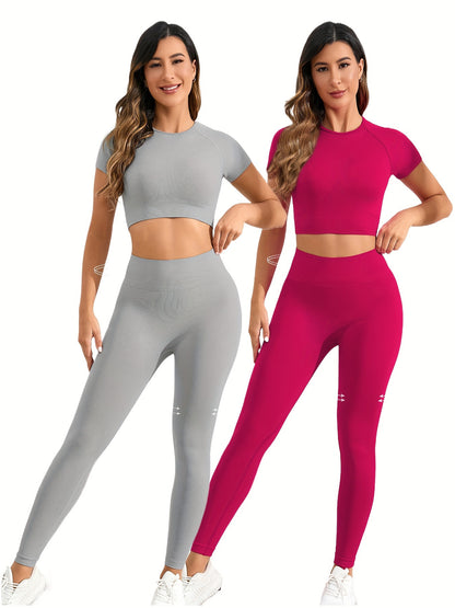 2 Sets Seamless Nylon Yoga Fitness Sets – Short-Sleeve Top & Slim Running Leggings, Stretchy & Comfortable