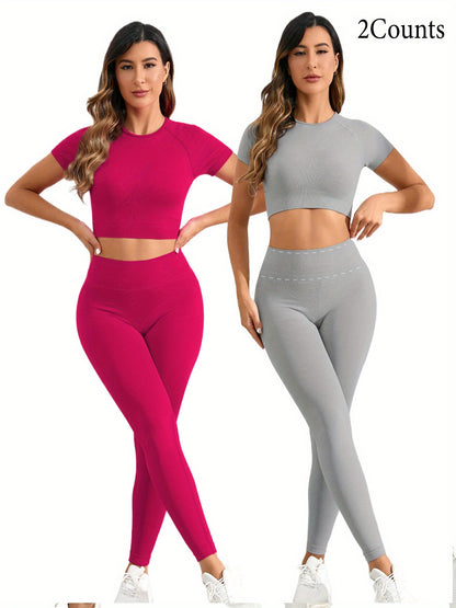 2 Sets Seamless Nylon Yoga Fitness Sets – Short-Sleeve Top & Slim Running Leggings, Stretchy & Comfortable