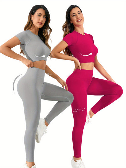 2 Sets Seamless Nylon Yoga Fitness Sets – Short-Sleeve Top & Slim Running Leggings, Stretchy & Comfortable