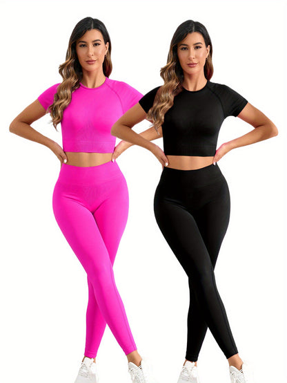 2 Sets Seamless Nylon Yoga Fitness Sets – Short-Sleeve Top & Slim Running Leggings, Stretchy & Comfortable