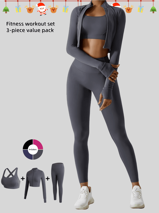 3pcs Women's Sportswear Set – Crop Top, Leggings & Zip Jacket, Perfect for Yoga, Gym & Running – All-Season Wear