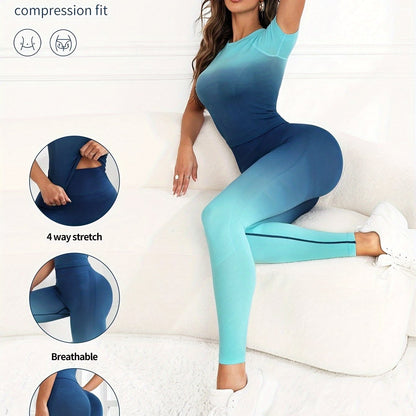 Women's High Waist Tummy Control Yoga 2-pieces Set - Stretchy Long Sleeve Top And Running Leggings, Gradient Tracksuits