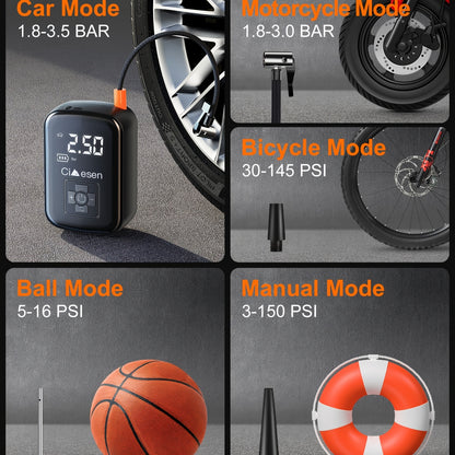 Cordless Tire Inflator – Portable, Digital Display, Multi-Nozzle – Perfect for Cars, Bikes & Motorcycles