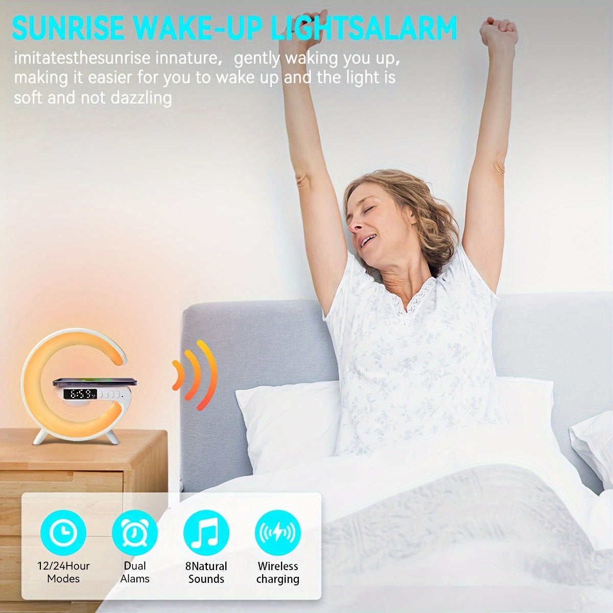 Smart Alarm Clock with Sunrise Simulation, Bluetooth Speaker, RGB Lights, & Fast Charging - Black & White