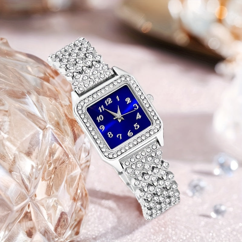 5-Piece Women's Light Luxury Quartz Watch & Square Diamond Jewelry Set – Perfect for Daily Wear & Gifting