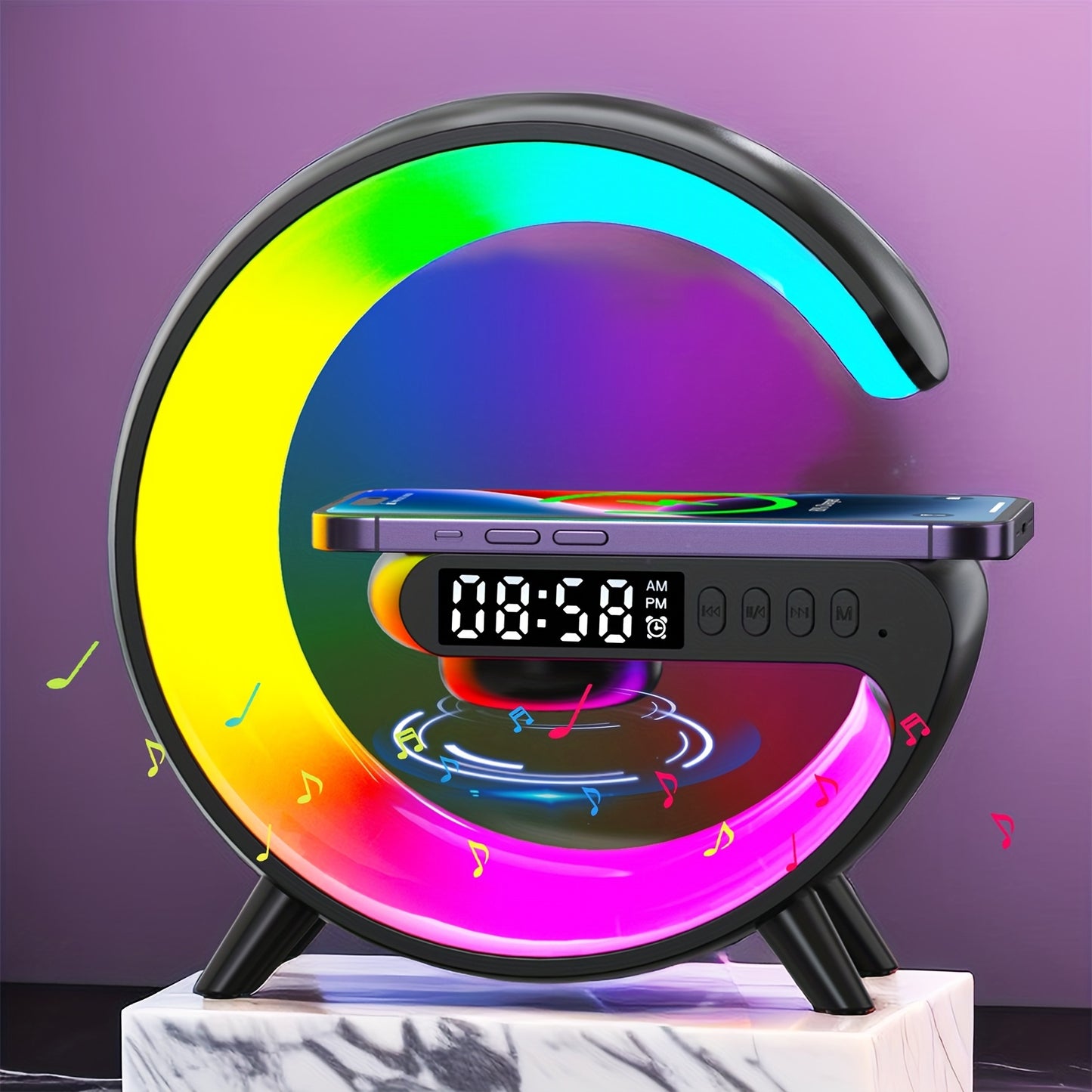 Smart Alarm Clock with Sunrise Simulation, Bluetooth Speaker, RGB Lights, & Fast Charging - Black & White