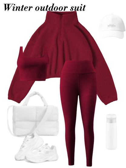 3pcs Maroon Yoga Set – Sports Bra, Leggings & Sweatshirt, Cozy & Stretchy, Ideal for Winter Workouts