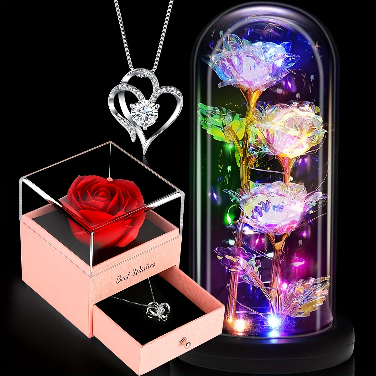 Light-Up Rose & Heart Necklace Gift Set – Perfect for Valentine's Day