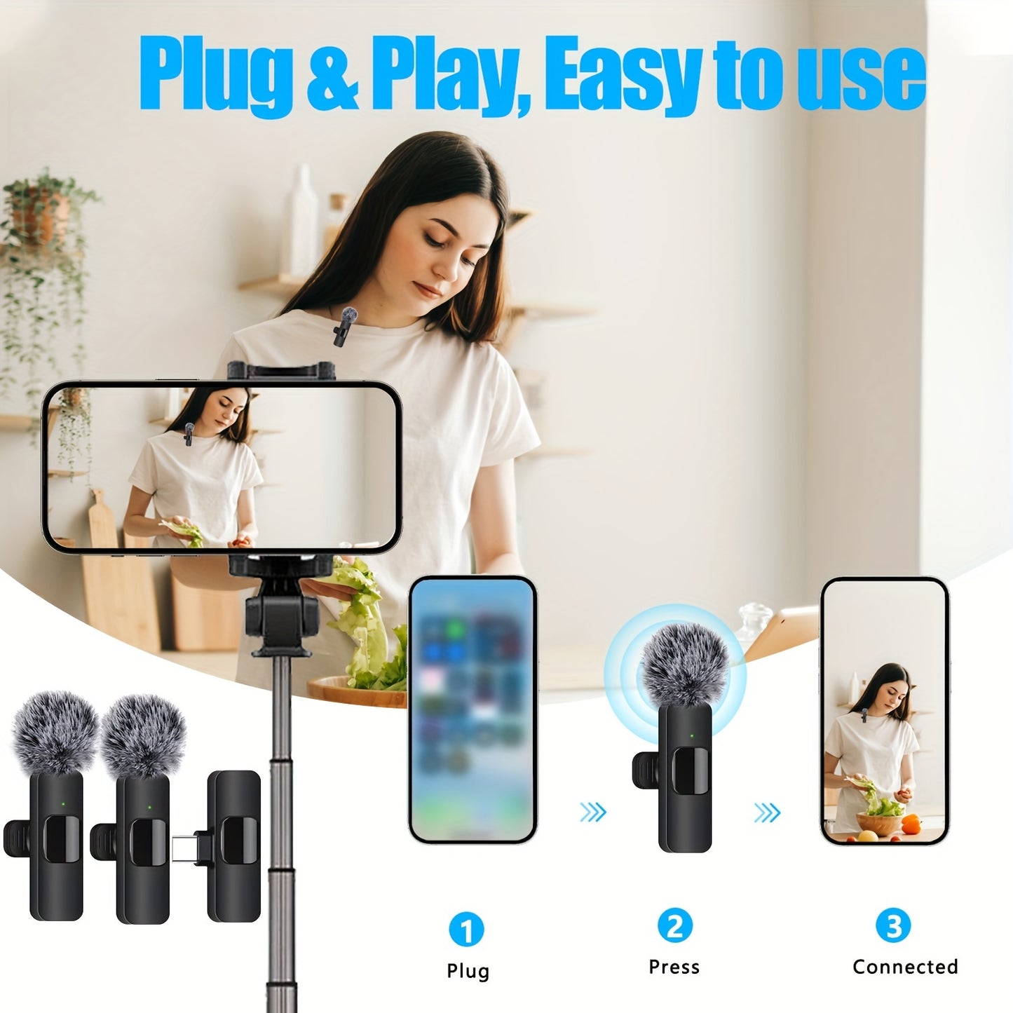 Wireless Lavalier Mic – Plug-Play, Noise Reduction, 8H Battery – Perfect for iPhone, iPad, Podcasts & Vlogs