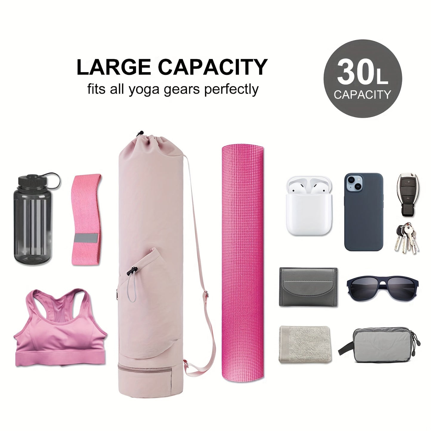 Large Yoga Mat Bag – 30-40L Capacity, Insulated Water Bottle Pocket, Waterproof Wet Pocket, Adjustable Shoulder Strap – Ideal for Fitness Enthusiasts