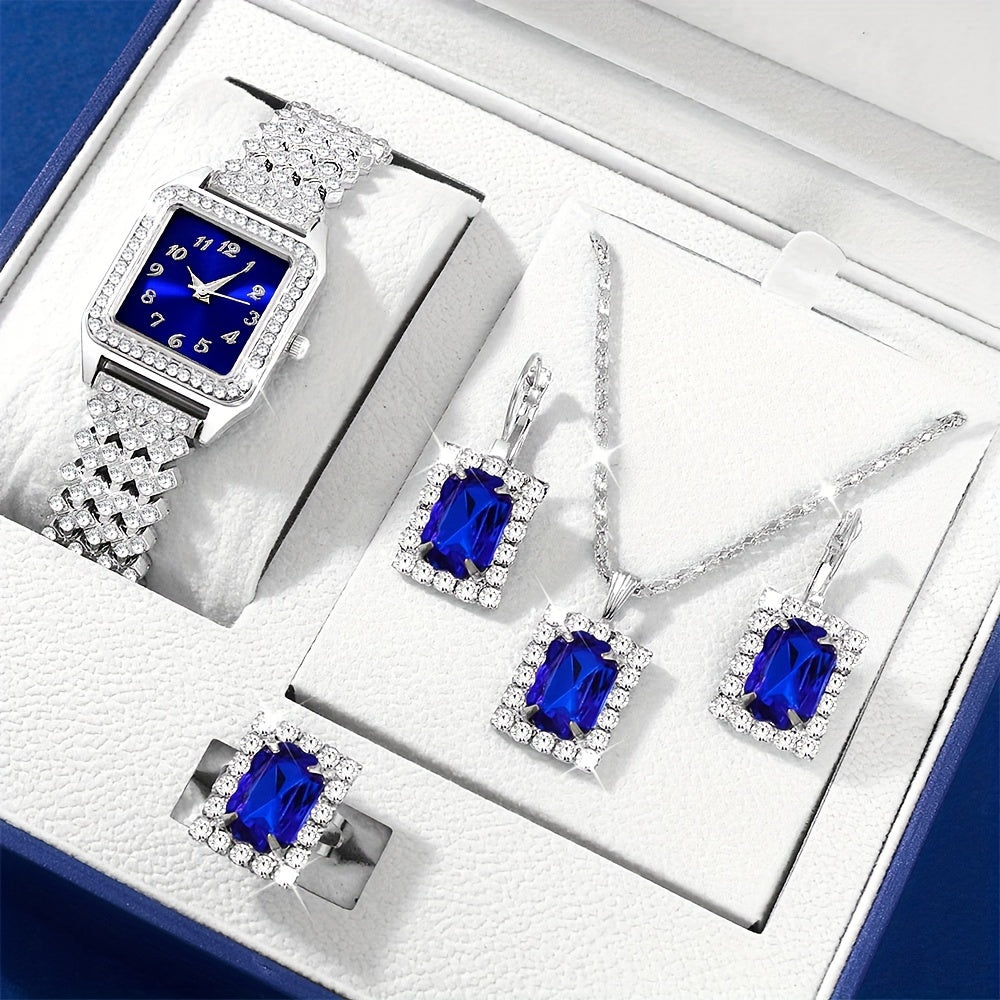 5-Piece Women's Light Luxury Quartz Watch & Square Diamond Jewelry Set – Perfect for Daily Wear & Gifting