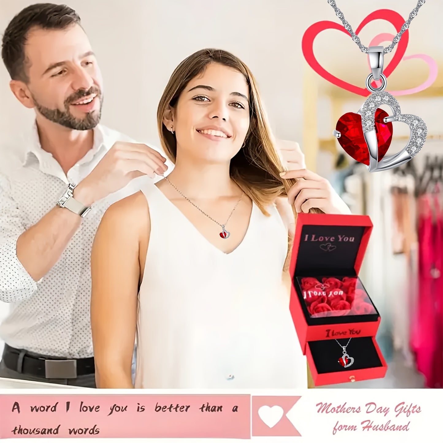 Elegant Red Love Pendant Necklace in Rose Gift Box – Perfect for Valentine's Day