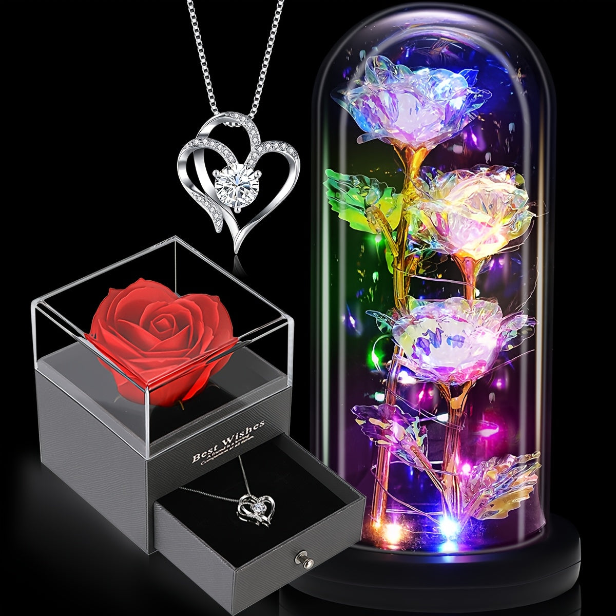 Light-Up Rose & Heart Necklace Gift Set – Perfect for Valentine's Day