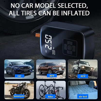 Cordless Tire Inflator – Portable, Digital Display, Multi-Nozzle – Perfect for Cars, Bikes & Motorcycles